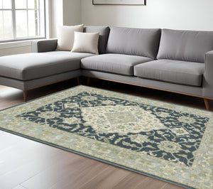 HomeRoots 5' Elegant Teal Blue and Ivory Oriental Area Rug - Stain Resistant, Durable for High-Traffic Spaces 8' X 10' 508454
