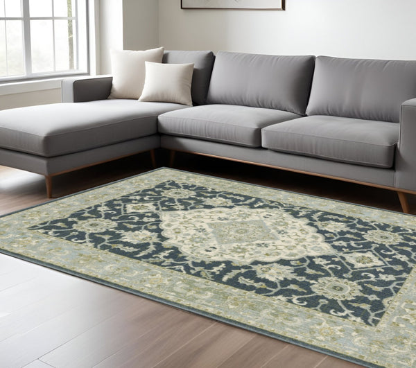 HomeRoots 5' Elegant Teal Blue and Ivory Oriental Area Rug - Stain Resistant, Durable for High-Traffic Spaces 10' X 13' 508455