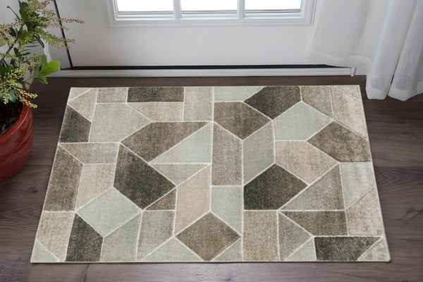 HomeRoots 2' Geometric Power Loom Runner Rug in Neutral Tones - Stain Resistant, Durable for High Traffic Areas 3' x 5' 508457