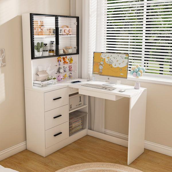 English Elm Computer Corner L-Shaped Desk with Glass Cabinets, Built-In LED, USB Ports, Keyboard Tray, Ergonomic Design White W2699P345803