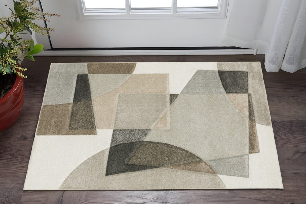 HomeRoots 2' Geometric Brown and Ivory Power-Loomed Runner Rug for Hallways, Entryways, and Living Spaces 3' x 5' 508469
