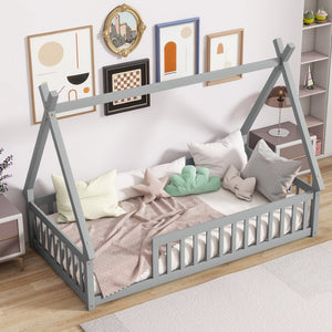 English Elm Twin Tent-Shaped Floor Bed With Guardrails, Grey Teepee Design For Safe Playful Sleep & Comfort W504P345774-GIGA