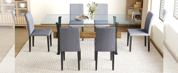 English Elm Table And Chair Set – Modern 79" Tempered Glass Dining Table With 6 Stylish Light Gray Chairs W1151S03618-GIGA