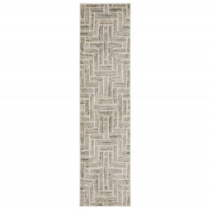 HomeRoots 2' Modern Geometric Power Loom Runner Rug in Beige and Ivory - Stylish, Durable, Ideal for High Traffic Areas 1'10" x 7'6" 508474