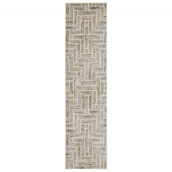 HomeRoots 2' Modern Geometric Power Loom Runner Rug in Beige and Ivory - Stylish, Durable, Ideal for High Traffic Areas 1'10" x 7'6" 508474