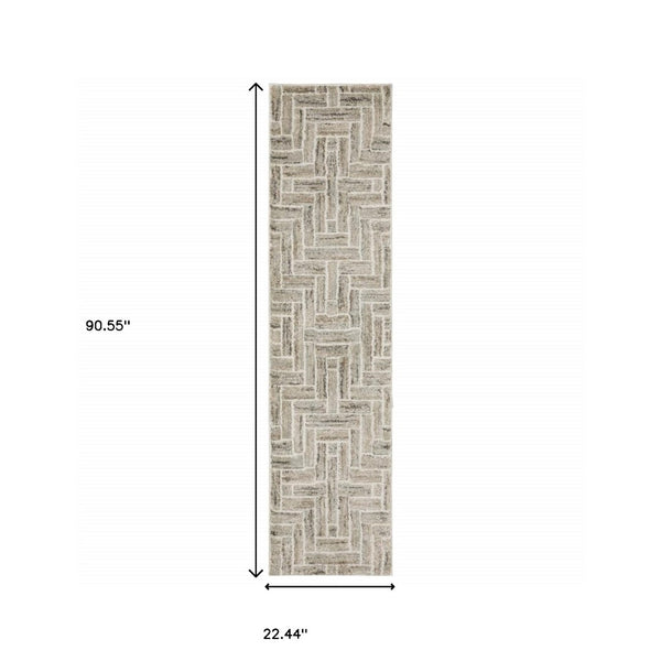 HomeRoots 2' Modern Geometric Power Loom Runner Rug in Beige and Ivory - Stylish, Durable, Ideal for High Traffic Areas 1'10" x 7'6" 508474