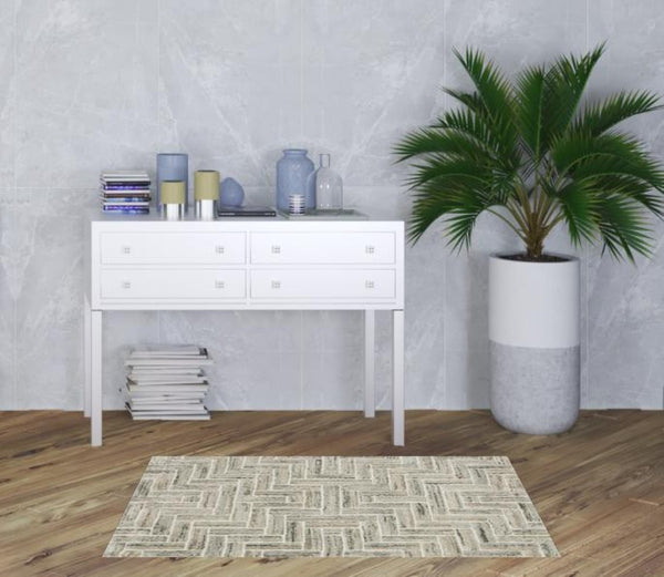 HomeRoots 2' Modern Geometric Power Loom Runner Rug in Beige and Ivory - Stylish, Durable, Ideal for High Traffic Areas 3' x 5' 508475