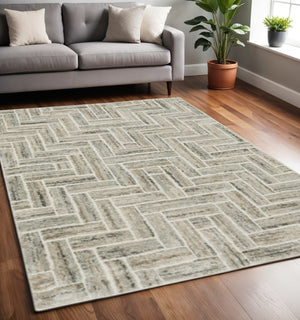 HomeRoots 2' Modern Geometric Power Loom Runner Rug in Beige and Ivory - Stylish, Durable, Ideal for High Traffic Areas 5' X 8' 508476