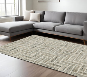 HomeRoots 2' Modern Geometric Power Loom Runner Rug in Beige and Ivory - Stylish, Durable, Ideal for High Traffic Areas 8' X 11' 508478
