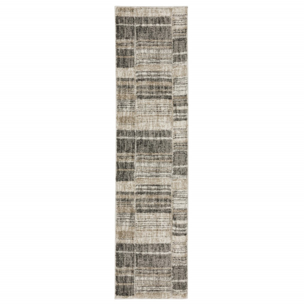 HomeRoots 2' Modern Geometric Runner Rug in Grey Charcoal and Ivory - Stain-Resistant, Durable Design for Homes 1'10" x 7'6" 508480