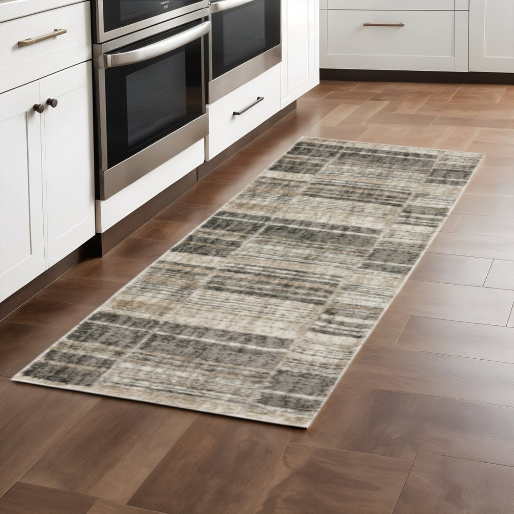 HomeRoots 2' Modern Geometric Runner Rug in Grey Charcoal and Ivory - Stain-Resistant, Durable Design for Homes 1'10" x 7'6" 508480