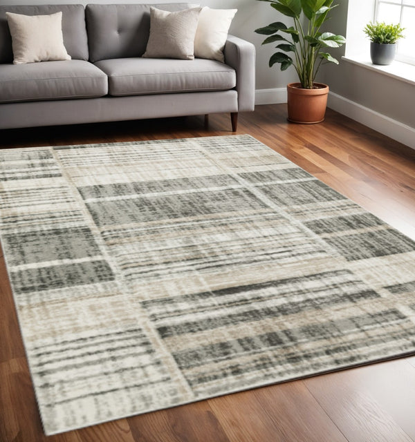 HomeRoots 2' Modern Geometric Runner Rug in Grey Charcoal and Ivory - Stain-Resistant, Durable Design for Homes 5' X 8' 508482