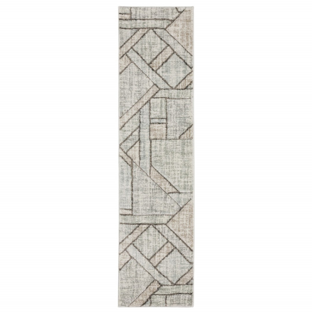 HomeRoots 2' Geometric Runner Rug in Soft Grey Beige and Blue - Stain Resistant for High-Traffic Areas 1'10" x 7'6" 508486