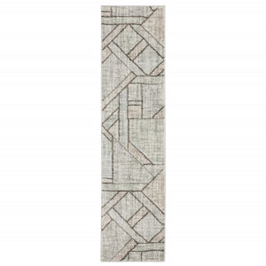 HomeRoots 2' Geometric Runner Rug in Soft Grey Beige and Blue - Stain Resistant for High-Traffic Areas 1'10" x 7'6" 508486
