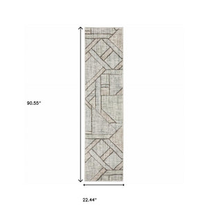 HomeRoots 2' Geometric Runner Rug in Soft Grey Beige and Blue - Stain Resistant for High-Traffic Areas 1'10" x 7'6" 508486