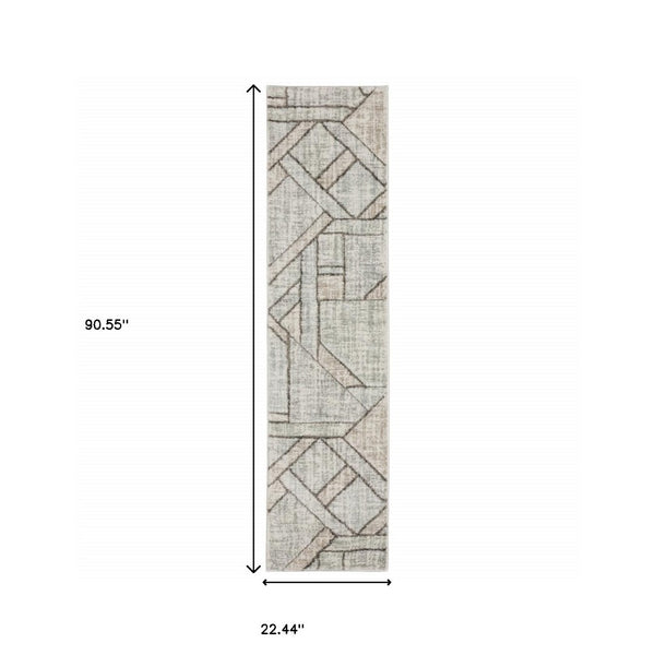 HomeRoots 2' Geometric Runner Rug in Soft Grey Beige and Blue - Stain Resistant for High-Traffic Areas 1'10" x 7'6" 508486