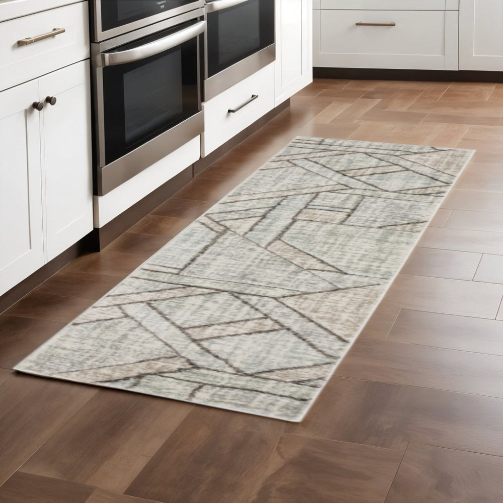 HomeRoots 2' Geometric Runner Rug in Soft Grey Beige and Blue - Stain Resistant for High-Traffic Areas 1'10" x 7'6" 508486