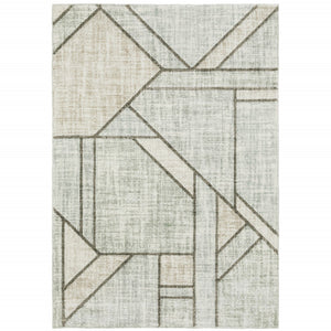 HomeRoots 2' Geometric Runner Rug in Soft Grey Beige and Blue - Stain Resistant for High-Traffic Areas 3' x 5' 508487