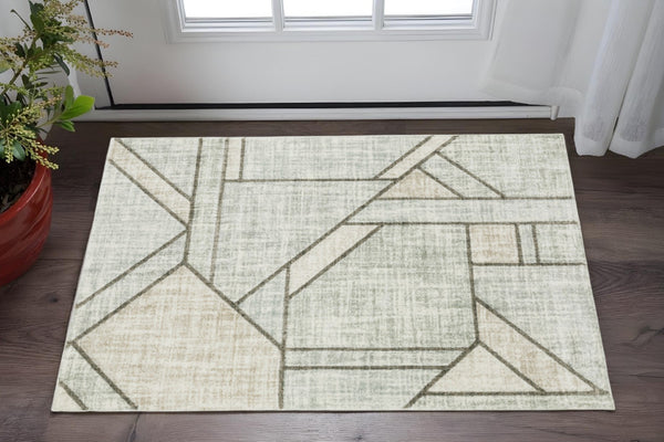 HomeRoots 2' Geometric Runner Rug in Soft Grey Beige and Blue - Stain Resistant for High-Traffic Areas 3' x 5' 508487