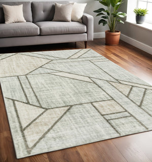 HomeRoots 2' Geometric Runner Rug in Soft Grey Beige and Blue - Stain Resistant for High-Traffic Areas 5' X 8' 508488