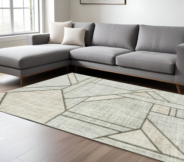 HomeRoots 2' Geometric Runner Rug in Soft Grey Beige and Blue - Stain Resistant for High-Traffic Areas 10' X 13' 508491