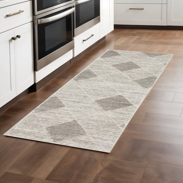 HomeRoots 2' Modern Grey and Ivory Geometric Runner Rug - Stain Resistant, Soft Pile for High-Traffic Areas 1'10" x 7'6" 508492