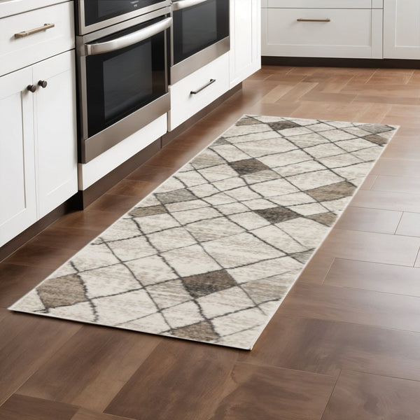 HomeRoots 2' Geometric Power Loom Runner Rug - Stain Resistant, Stylish Beige, Grey, Tan & Brown Design 1'10" x 7'6" 508498