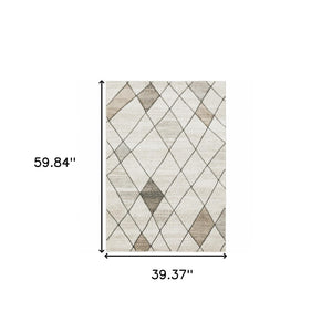 HomeRoots 2' Geometric Power Loom Runner Rug - Stain Resistant, Stylish Beige, Grey, Tan & Brown Design 3' x 5' 508499