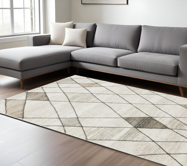 HomeRoots 2' Geometric Power Loom Runner Rug - Stain Resistant, Stylish Beige, Grey, Tan & Brown Design 8' X 11' 508502