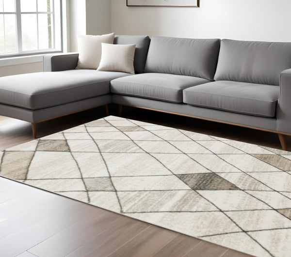 HomeRoots 2' Geometric Power Loom Runner Rug - Stain Resistant, Stylish Beige, Grey, Tan & Brown Design 10' X 13' 508503