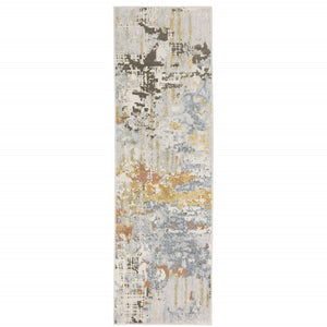 HomeRoots 2' Elegant Grey Blue Beige Gold Rust Abstract Power Loom Runner Rug - Stain Resistant & Stylish 2'3" x 7'6" 508556