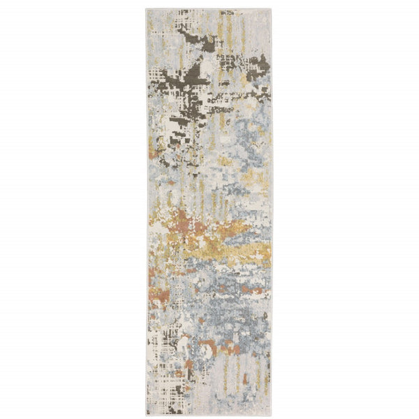 HomeRoots 2' Elegant Grey Blue Beige Gold Rust Abstract Power Loom Runner Rug - Stain Resistant & Stylish 2'3" x 7'6" 508556