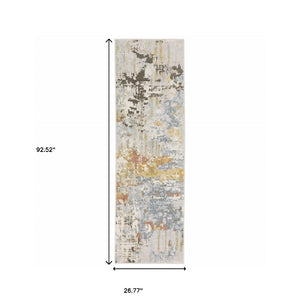 HomeRoots 2' Elegant Grey Blue Beige Gold Rust Abstract Power Loom Runner Rug - Stain Resistant & Stylish 2'3" x 7'6" 508556