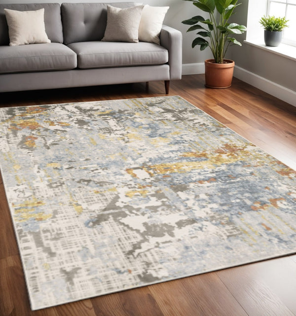 HomeRoots 2' Elegant Grey Blue Beige Gold Rust Abstract Power Loom Runner Rug - Stain Resistant & Stylish 5' X 8' 508558