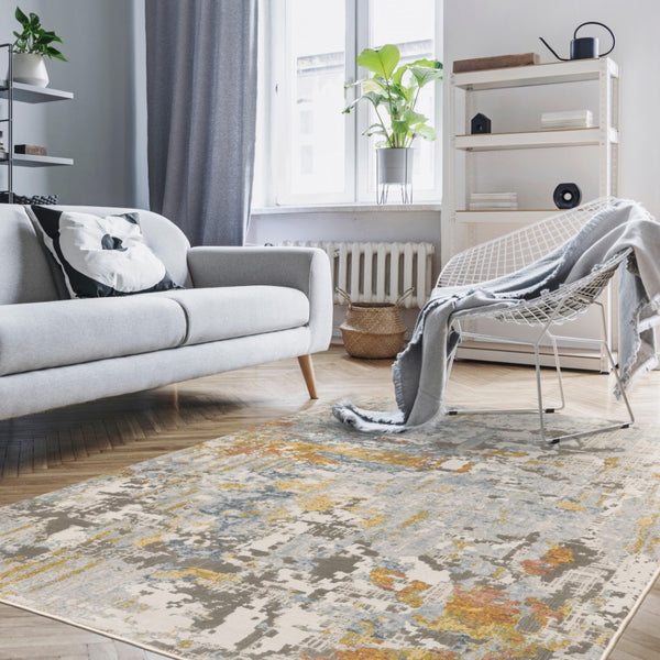 HomeRoots 2' Elegant Grey Blue Beige Gold Rust Abstract Power Loom Runner Rug - Stain Resistant & Stylish 5' X 8' 508558