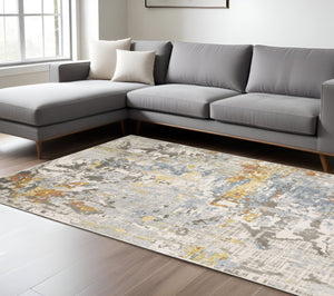 HomeRoots 2' Elegant Grey Blue Beige Gold Rust Abstract Power Loom Runner Rug - Stain Resistant & Stylish 7' X 10' 508559