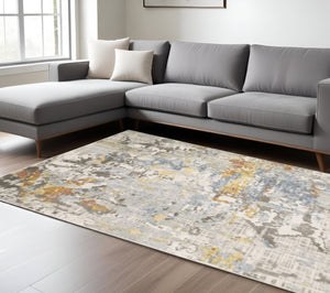 HomeRoots 2' Elegant Grey Blue Beige Gold Rust Abstract Power Loom Runner Rug - Stain Resistant & Stylish 10' X 13' 508561