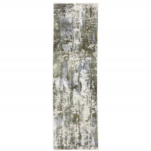 HomeRoots 2' Contemporary Abstract Runner Rug in Green, Blue, Grey, Ivory & Brown - Stain Resistant & Durable 2'3" x 7'6" 508562