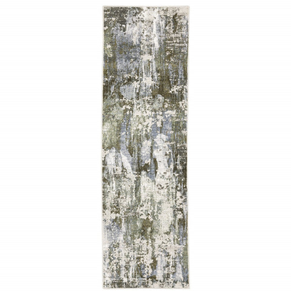 HomeRoots 2' Contemporary Abstract Runner Rug in Green, Blue, Grey, Ivory & Brown - Stain Resistant & Durable 2'3" x 7'6" 508562