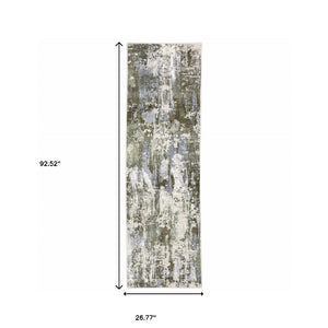 HomeRoots 2' Contemporary Abstract Runner Rug in Green, Blue, Grey, Ivory & Brown - Stain Resistant & Durable 2'3" x 7'6" 508562