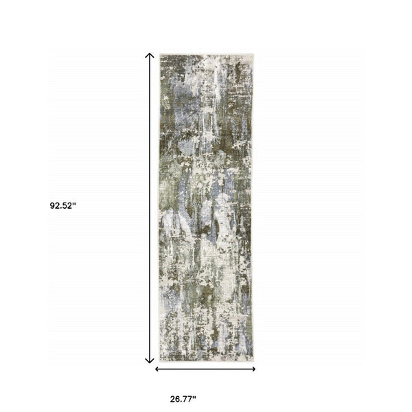 HomeRoots 2' Contemporary Abstract Runner Rug in Green, Blue, Grey, Ivory & Brown - Stain Resistant & Durable 2'3" x 7'6" 508562