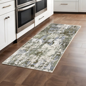 HomeRoots 2' Contemporary Abstract Runner Rug in Green, Blue, Grey, Ivory & Brown - Stain Resistant & Durable 2'3" x 7'6" 508562