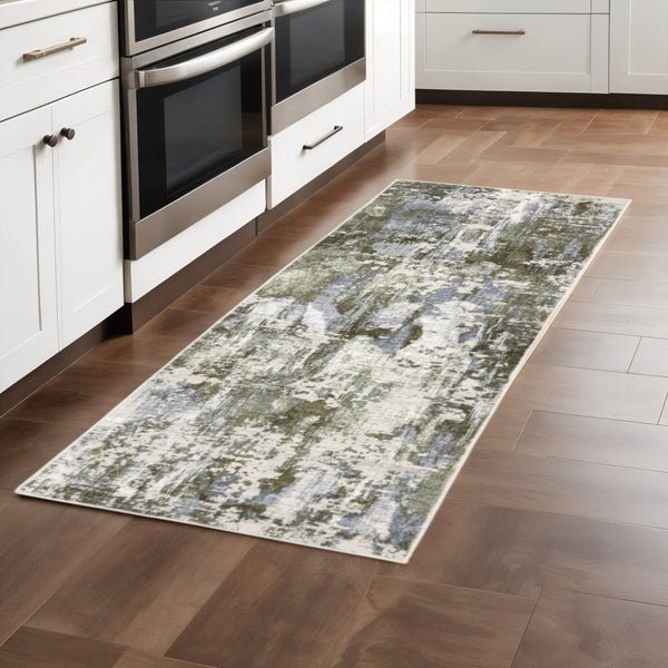 HomeRoots 2' Contemporary Abstract Runner Rug in Green, Blue, Grey, Ivory & Brown - Stain Resistant & Durable 2'3" x 7'6" 508562