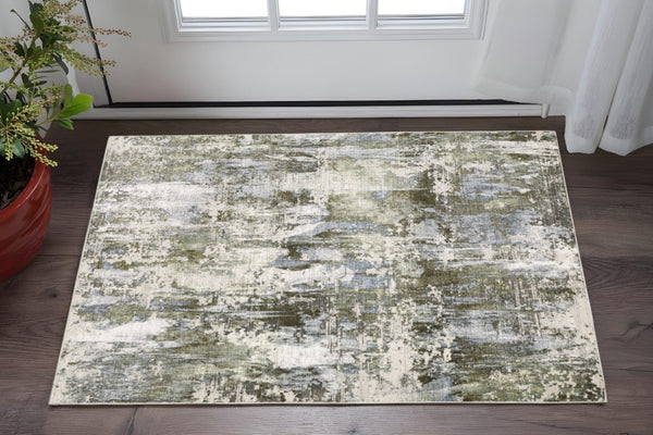 HomeRoots 2' Contemporary Abstract Runner Rug in Green, Blue, Grey, Ivory & Brown - Stain Resistant & Durable 3' x 5' 508563