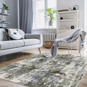 HomeRoots 2' Contemporary Abstract Runner Rug in Green, Blue, Grey, Ivory & Brown - Stain Resistant & Durable 3' x 5' 508563