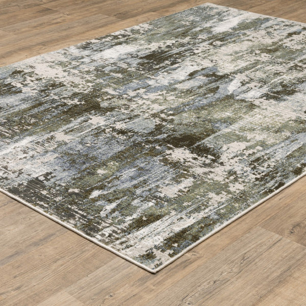 HomeRoots 2' Contemporary Abstract Runner Rug in Green, Blue, Grey, Ivory & Brown - Stain Resistant & Durable 3' x 5' 508563