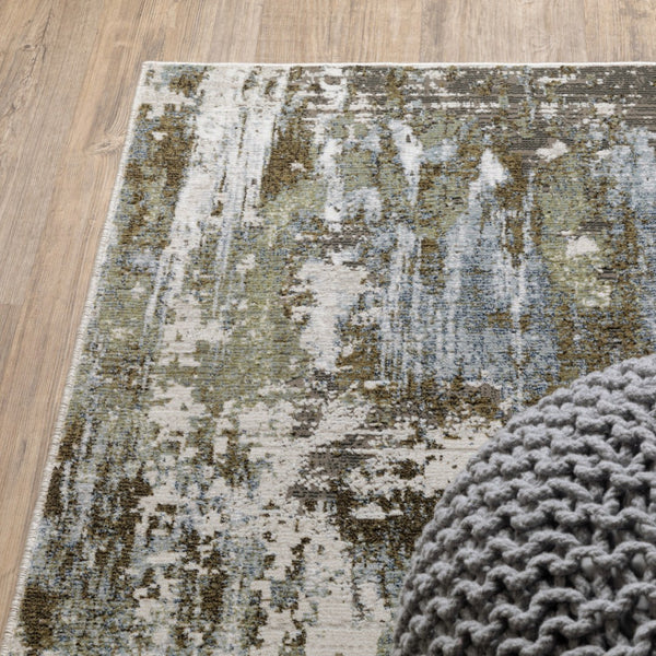 HomeRoots 2' Contemporary Abstract Runner Rug in Green, Blue, Grey, Ivory & Brown - Stain Resistant & Durable 3' x 5' 508563