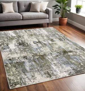 HomeRoots 2' Contemporary Abstract Runner Rug in Green, Blue, Grey, Ivory & Brown - Stain Resistant & Durable 5' X 8' 508564