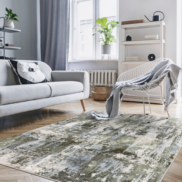 HomeRoots 2' Contemporary Abstract Runner Rug in Green, Blue, Grey, Ivory & Brown - Stain Resistant & Durable 5' X 8' 508564