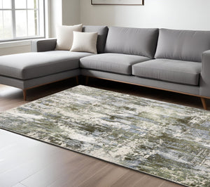 HomeRoots 2' Contemporary Abstract Runner Rug in Green, Blue, Grey, Ivory & Brown - Stain Resistant & Durable 7' X 10' 508565